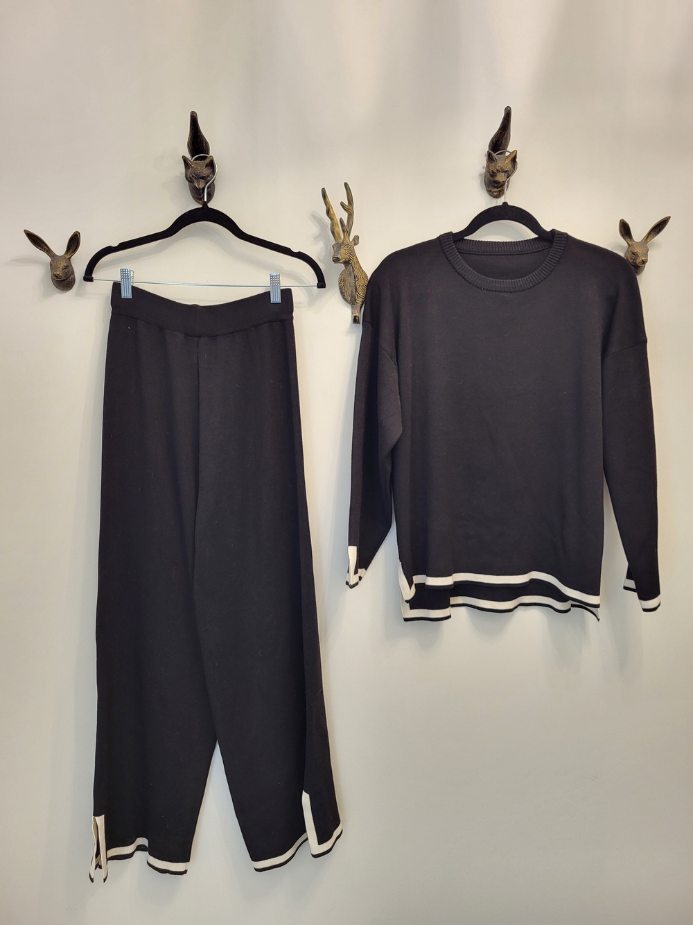 Black Knit Sweater & Wide-Leg Pants Set with Cream Trim Medium